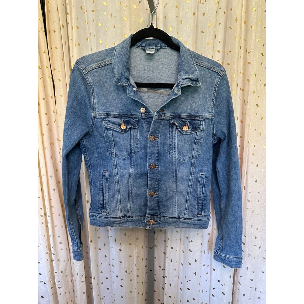 H&M Women's Button Up Faded Distressed Stretch Denim Jeans Trucker Jacket M